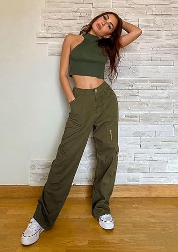 IVIR Cargo Pants Women High Waist Wide Leg Casual Pants with 7 Pockets Stretchy Drawstring Baggy Y2K Trousers thumbnail 2
