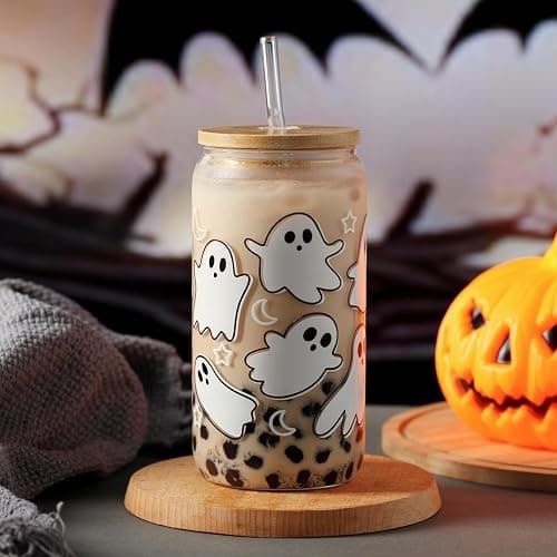 KMCCUMBER Halloween Ghost Fall Glass Cup with Lid Straw Gifts for Women | 16oz Ghost Fall Mug, Iced Coffee Glass Tumbler, Goth Teens girls Basket Stuffer for Halloween thumbnail 2