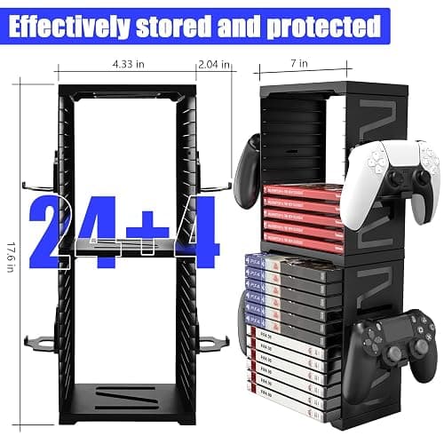SIKEMAY Game Storage Tower for PS5/PS4/Xbox Series S & X - Universal Video Game Disc Organizer with 24 PCS Holders, 4 Controller Slots & Stand Rack Accessories - Black thumbnail 2