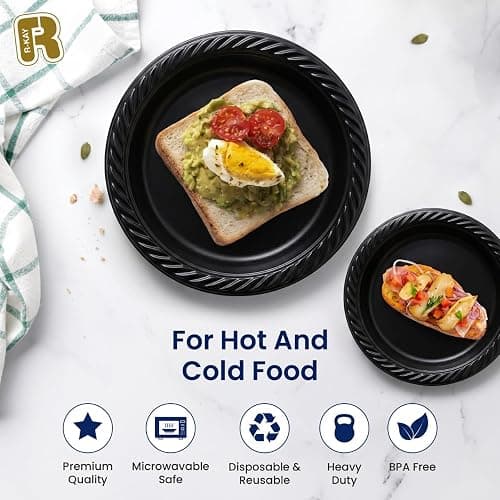 R-kay 100 Pack 6 Inch Black Plastic Plates Disposable - Heavy Duty Black Dessert Plates Disposable - Microwavable Small Disposable Plastic Plates thumbnail 4