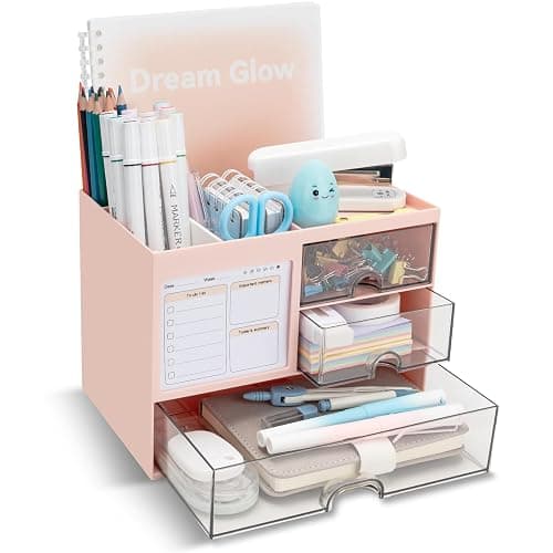 QIYVLOS Multi-Functional Desk Organizer with 3 Drawer and 8 Compartments, Pink - Image 1