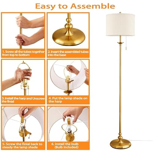60" Gold Floor Lamp, Standing Lamp for Living Room, Bedroom, Office & Dining Room - Tall Corner Floor Lamps with Pull Chain Switch, Soft Lighting Farmhouse Design - Modern Floor Lamp (Bulb Included) thumbnail 6