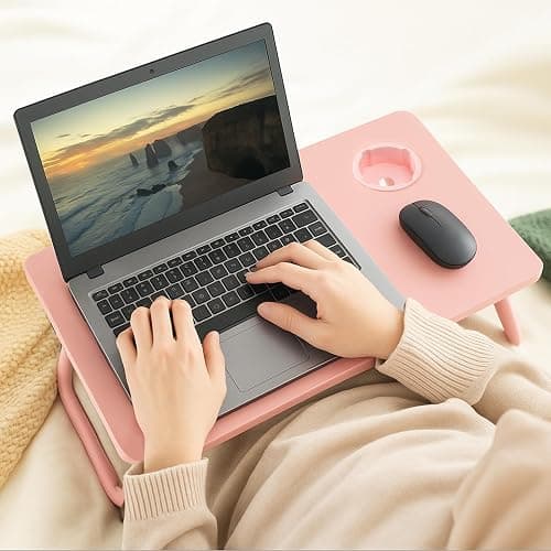 Holdfiturn Foldable Laptop Desk, Laptop Table with Cup Holder, Height Adjustable Computer Bed Tray Table, Reading Holder Notebook Stand for Eating Reading Working (Pink) thumbnail 2