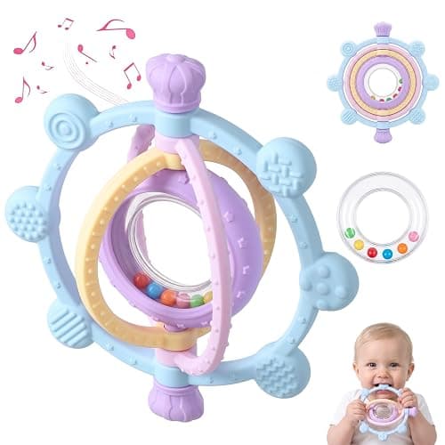 Baby Ring Teething Toys with Rattle for 3 Months+, BPA-Free, Blue | Easy to Grip Silicone Sensory Teether Toys, with 360° Textured Bumps for Gum Massage, Boys Girls Gift - Image 1