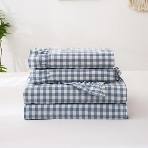 K MASANIJI Dust Blue White Plaid Ruffle Sheets Queen Size 4-Piece Set, 300TC 100% Yarn Dyed Cotton Sheets18 in Deep Pocket Classic Gingham Decorative Bedding (Dust Blue/White Plaid, Queen) thumbnail 8