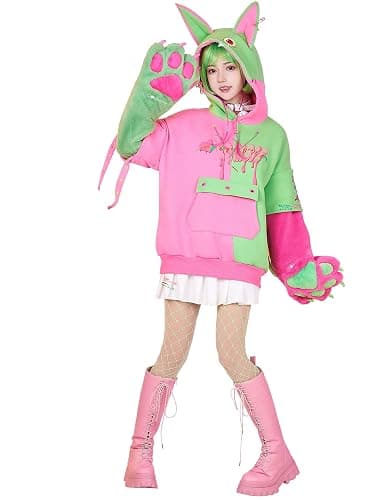 Micotaku Womens Pullover Hoodie with Detachable Bag Furry Paw Design Gloves Green Pink Hoodie - Image 1