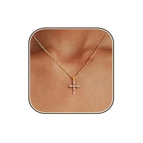 Cross Necklace for Women,14K Gold Plated Cross Pendant Necklace Jewelry | Dainty Gold Cross Charm Necklaces,Box Figaro Beads Chain,Non Tarnish Trendy Christian Faith Jewelry,Small Simple Cute Gifts - Image 1
