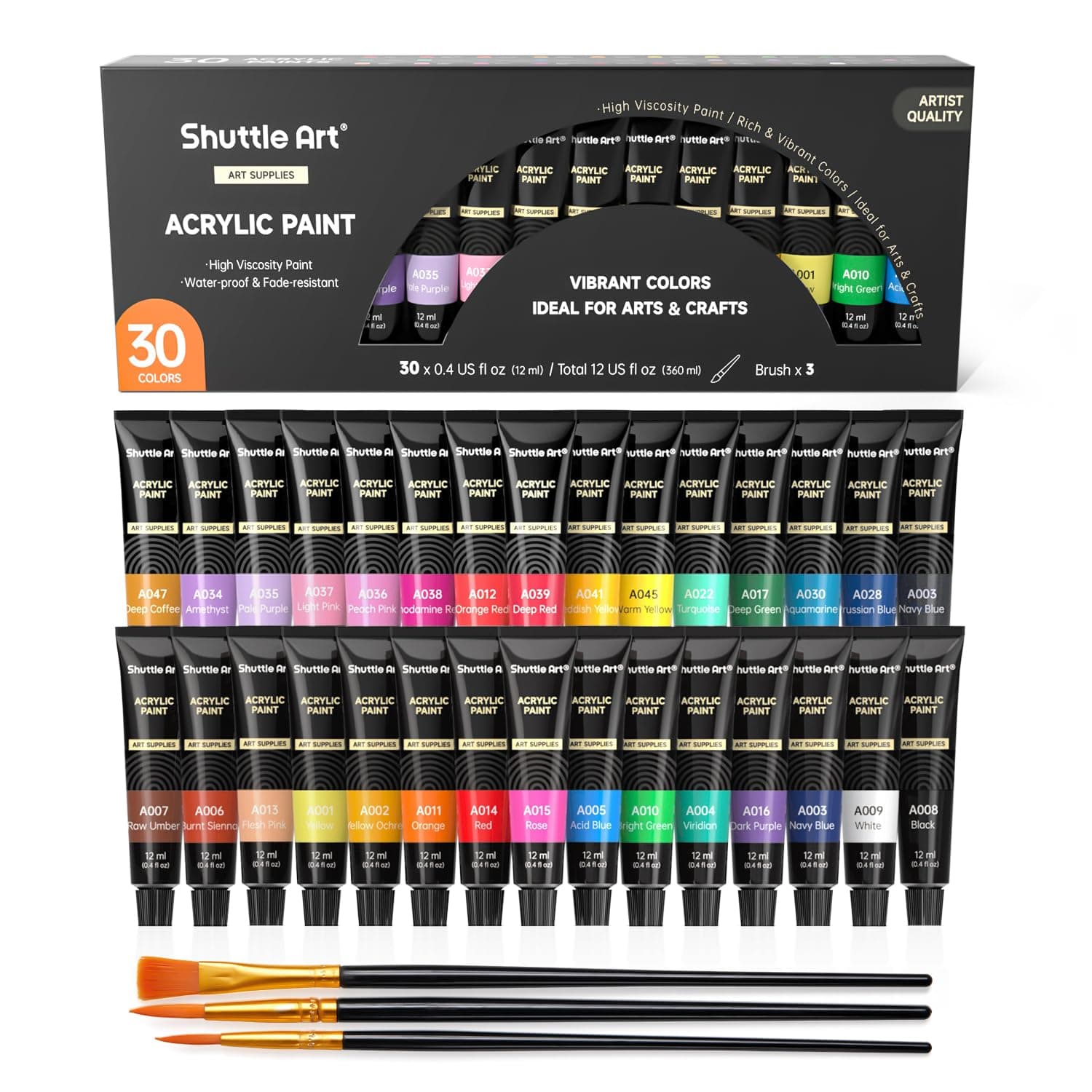 Shuttle Art Acrylic Paint Set, 30 x12ml Tubes Artist Quality Non Toxic Colours Acrylic Paint, Great For Kids Adults Professional Painting on Canvas Wood Clay Fabric Ceramic Crafts - Image 1