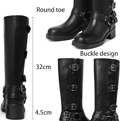 AMINUGAL Knee High Boots Women Square Toe Pull On Wide Calf Riding Fashion Buckles Chunky Metallic Casual Vintage Buckle Rivet thumbnail 6