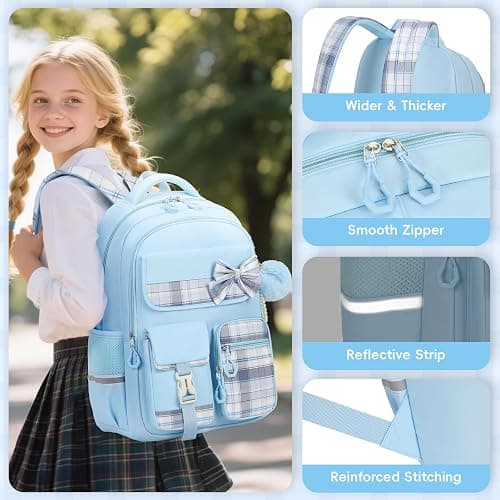 Tanou School Bag Girl Kids Backpack, Water-resistant Bookbag Teenager Daypack, Kawaii Checked Satchel for Girls 9-16 Years with Trolley Strap thumbnail 7