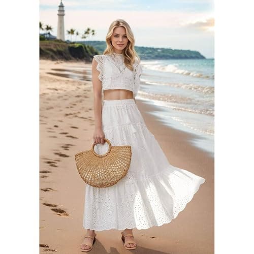 CHICWISH Women Summer Boho Maxi Skirt Eyelet Embroidery Elastic Waist Tassel String Casual Cotton Beach Vacation Long Skirts thumbnail 3