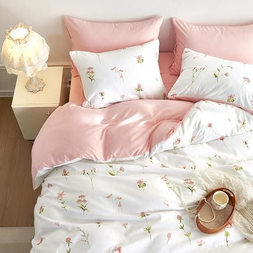 Wake In Cloud - Floral Comforter Set, Cottagecore Cute Aesthetic Watercolor Tiny Flowers and Leaves, Soft Lightweight Bedding for Women Teen Girls, 3 Pieces, Pink, Full Size - Image 1