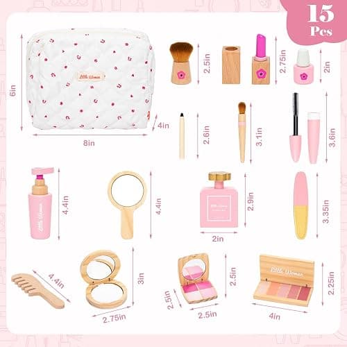 Wooden Makeup Toy Set, Pretend Play Makeup Kit for Toddlers Realistic Beauty Salon Set for Girls with Eyeshadow Lipstick Perfume Brush and Cosmetic Bag Birthday Gifts for Girls Toys Kids Aged 3 4 5 6 thumbnail 2