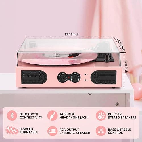 Vinyl Record Player with Built-in Speakers 3-Speed Vintage Record Player Support Treble& Bass Control, 3.5mm Headphone Jack, RCA-Out/Aux in, Belt-Driven LP Turntable,Pink thumbnail 5