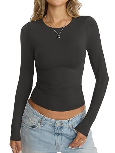 EasyGala Womens Double Lined Seamless Crew Neck Shirts Basic Long Sleeve Tops Sexy Slim Fit T Shirts Casual Fall Clothes - Image 1