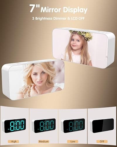 Vibrating Loud Alarm Clock with Bed Shaker, 15 RGB Colors & 7" Large Mirror Display,7-Color Nightlight,USB Charger,4 Dimmer,Battery Backup,Bedroom Clock for Heavy Sleeper Hearing Impaired Deaf Elderly thumbnail 5