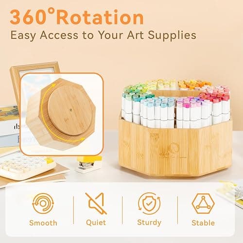 Ohuhu Rotating Marker Organizer for Alcohol Markers, 360-Degree Rotating Bamboo Storage Hold 162 Honolulu& B Alcohol Markers, Pens Pencil Holder with 8 Compartments for Home Classroom Office Decor thumbnail 6