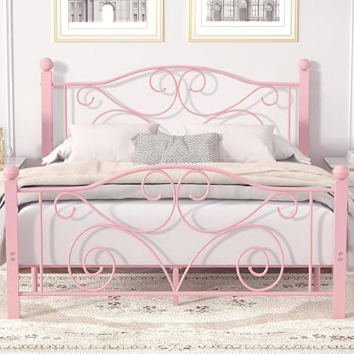 VECELO Queen Size Bed Frame with Headboard and Footboard, Heavy Duty Metal Slat Support, Platform Mattress Foundation, No Box Spring Needed, Easy Assembly, Light Pink - Image 1
