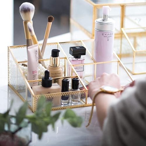 Makeup Organizer Antique Countertop Cosmetic Storage Box Glass Beauty Display, Gold Spin Large Capacity Holder for Brushes Lipsticks Skincare Toner thumbnail 7