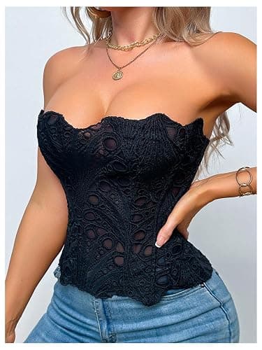 MakeMeChic Women's Black Corset Tops Y2K Floral Lace Sleeveless Open Back Strapless Body Shaper thumbnail 3