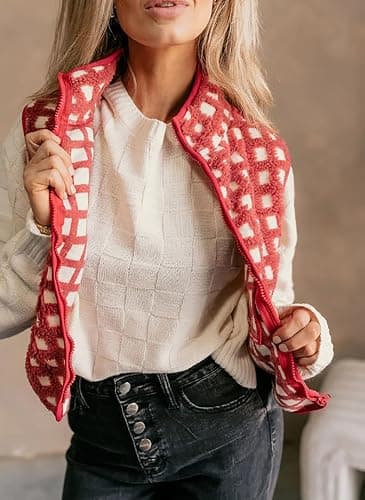 Rvnsu Women's Zip Up Sherpa Vest Checkered Fleece Vest Fall Winter Sleeveless Cardigan Warm Collared Outerwear Vests thumbnail 3