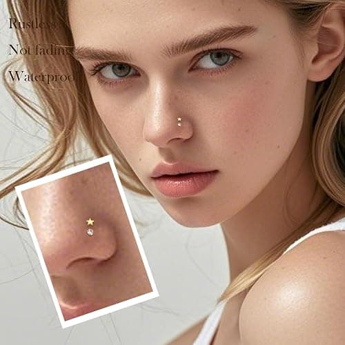12PCS Hypoallergenic 14K Gold Plated 18G Nose Rings Studs Set for Women Men:3Pcs nose rings & 6Pcs L Shaped Nose Studs & 3Pcs Clear Nose Studs Gold/Silver 316L Surgical Stainless Steel Nose Piercing Jewelry thumbnail 7