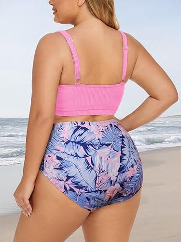 Summer Mae Plus Size Women Ribbed Bikini Set Two Piece High Waist Swimsuit Scoop Top Tummy Control Bathing Suit Swimwear - 22 Plus - Peach Blossoms thumbnail 2