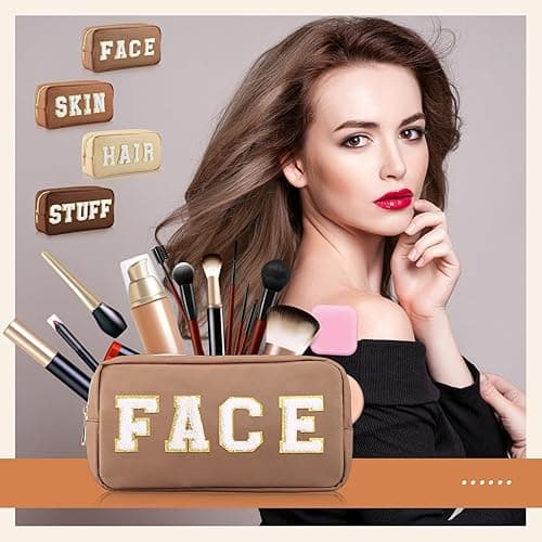 Cunno 4 Pcs Preppy Makeup Bags Chenille Letter Stuff Bag Nylon Cosmetic Pouch Cases with Zipper for Women Travel Toiletry - Brown Set thumbnail 7