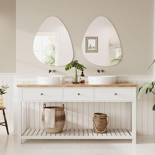 Dripex 65 x 50cm Irregular Wall Mirror, Frameless Bathroom Mirror Wall Mounted with Pre-Fitted Hanging Holes & Fixing Kit - Wall Mounted Horizontally or Vertically thumbnail 3