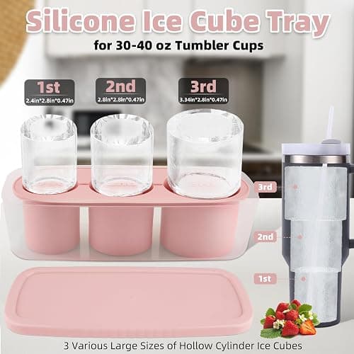 Tcamp Tumbler Ice Mold, Ice Cube Tray for 30 oz -40 oz Tumbler Cup, 3 Pcs Silicone Hollow Cylinder Ice Mold with Lid and Bin for Freezer, Ice Drink, Juice, Whiskey, Cocktail (Pink) thumbnail 3