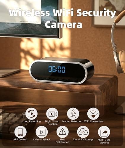 XSHGZ Wireless WiFi Indoor Security Camera with Clock for Home with App Control, Motion Detection, 150° Outdoor Camera with Night Vision & Loop Recording for Office/Shop/Pet/Garage,User-Friendly thumbnail 2