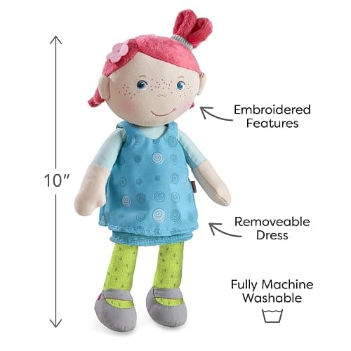 HABA Snug Up Philine - 10" Soft Doll with Embroidered Face, Pink Pigtail and Removable Blue Dress - Machine Washable - Perfect First Doll and Stuffed Cuddle Companion for 18 Months and Up thumbnail 3