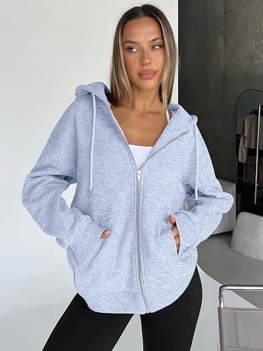 Trendy Queen Womens Zip Up Hoodies Oversized Sweatshirts Fall School Fashion Outfits Casual Jackets 2025 Winter Clothes thumbnail 3