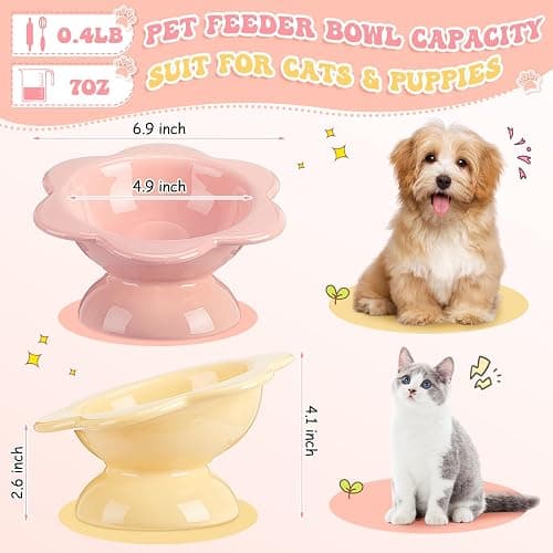 Hushee 2 Pcs Ceramic Raised Cat Bowls 7 oz Flower Shaped Cat Food Dish Stress Free on Neck and Spine Dishwasher Safe Feeding Bowls for Small Kitten thumbnail 2