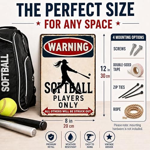 CrazySign Funny Softball Gifts for Girls, Players & Coaches - Warning Softball Players Only Vintage Metal Sign - Cool Sports Wall Art Decor for Bedroom, Locker Room, Team Gift, 8x12 Inch (26011) thumbnail 3