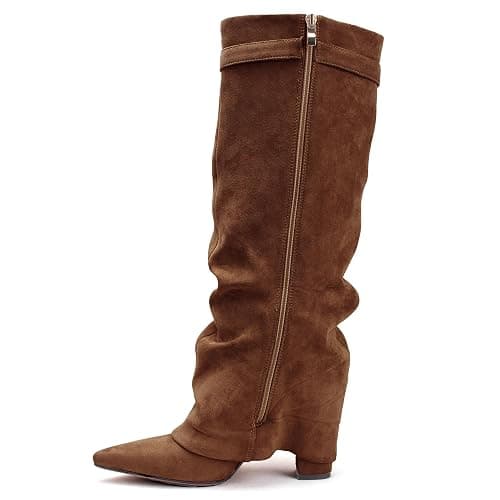 FJQNXGY Knee High Boots for Women Fold Over Knee High Boots Chunky Heel Pointed Toe Suede Long Boots With Side Zipper Tall Boots for Winter Fall thumbnail 3