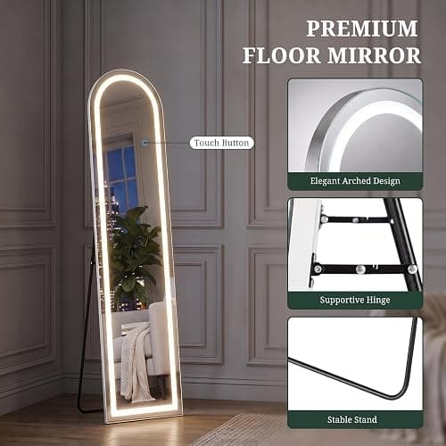 Arched LED Full Length Mirror with Lights, 60"x16" Lighted Full Body Mirror | Dimmable & 3-Color Lighting, Standing Leaning Wall Mounted Mirror for Bedroom, Dressing Room, Cloakroom thumbnail 5