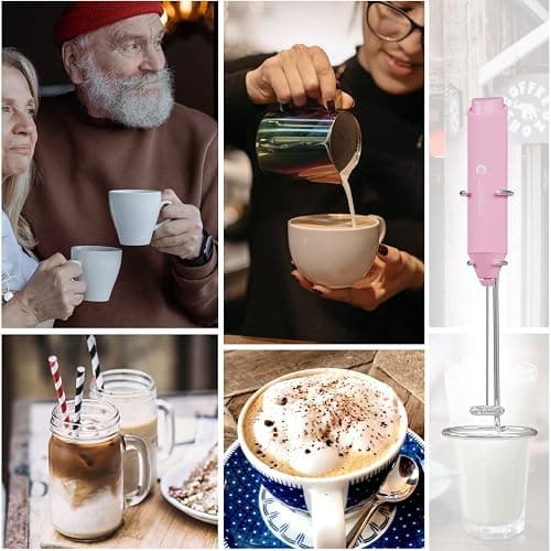 Powerful Milk Frother Handheld Foam Maker, Mini Whisk Drink Mixer for Coffee, Cappuccino, Latte, Matcha, Hot Chocolate, With Stand, Pink thumbnail 7