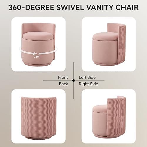 WUTUTUEE Velvet Vanity Chair with Storage, 360° Swivel Makeup Chair with Wave Back, No Assembly Small Accent Stool for Bedroom, Dressing, Living Room, Pink thumbnail 6