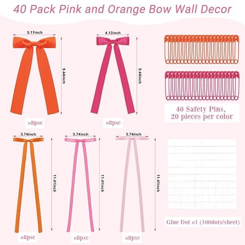 40 Pack Pink and Orange Bow Wall Decor for Sunset Party | DIY Bow Photo Backdrop, Tequila Sunrise Party Decorations for Women Girls, Bachelorette, Wedding, Birthday Decor thumbnail 2