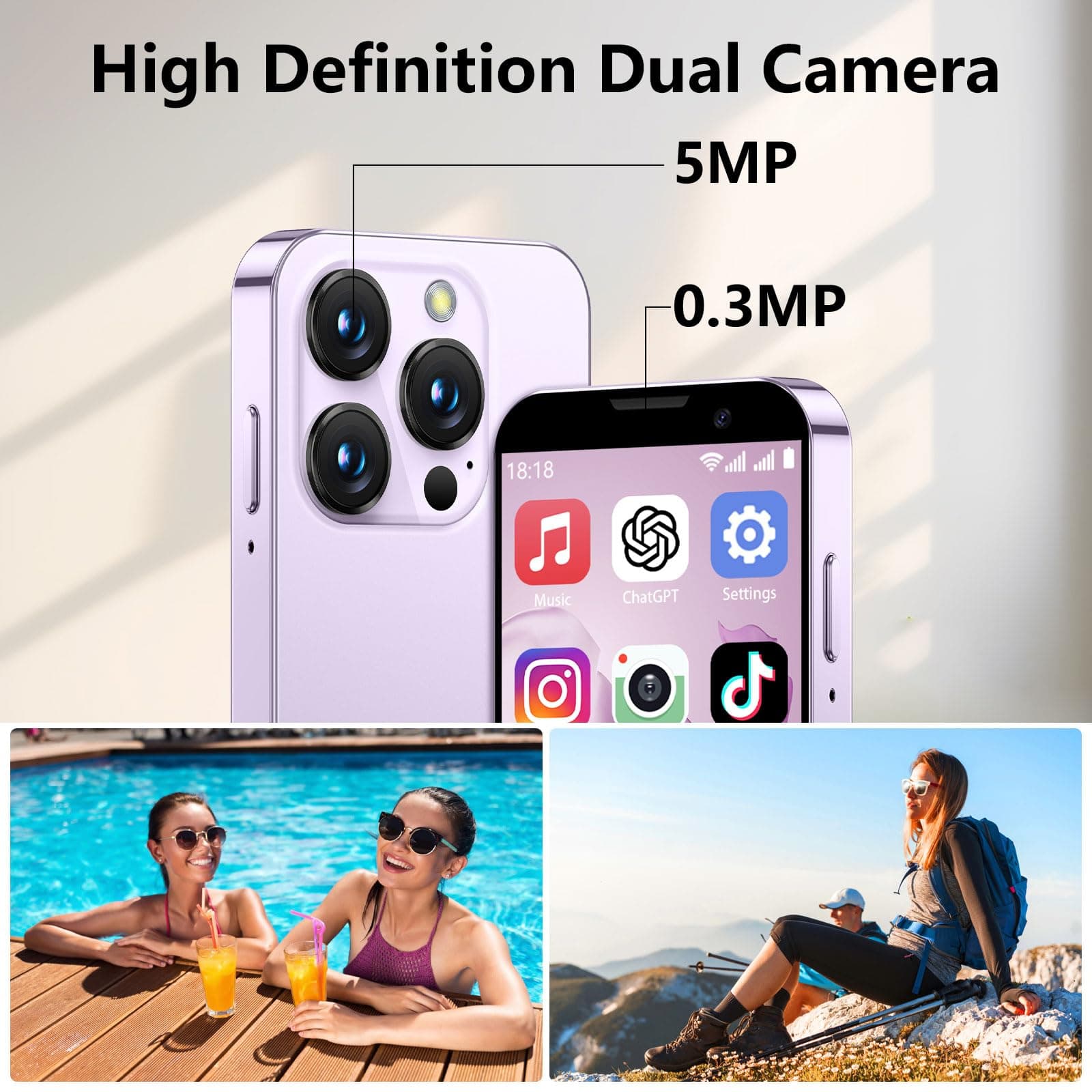3.0” HD Touch Screen Mini Smartphone, Unlocked Android Mini Phone, Face Recognition, Dual SIM, WiFi, GPRS, Ultra-Thin Body for Kids Phone, Cell Phone with Quad-Core Pink thumbnail 3