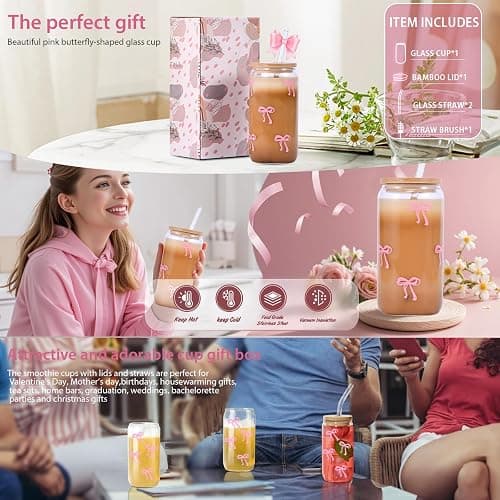 GLECTG Cute Pink Bow Glass Cups with Lids & Straws, Aesthetic Iced Coffee Cup, Girly Preppy Design Tumbler Mug, Birthday Valentine Gifts for Women, Teen Girl Gifts Trendy Stuff thumbnail 7