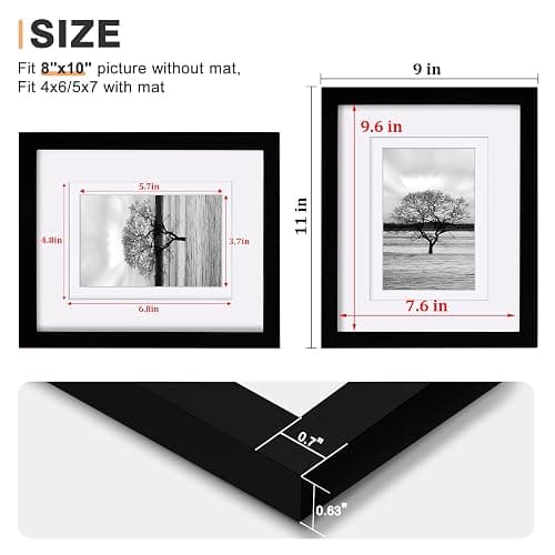 Egofine 8x10 Picture Frames Set of 4, Made of Solid Wood Covered by Plexiglass 4x6 and 5x7 with Mat or 8x10 without Mat, for Table Top Display and Wall Mounting Photo Frame Black thumbnail 3