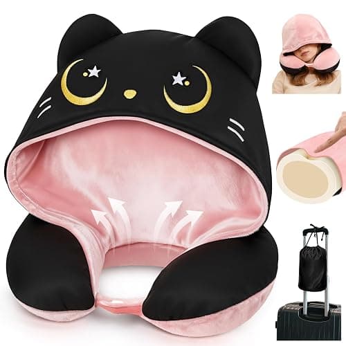 Mewaii Travel Neck Pillow with Hood for Airplanes,Memory Foam,Breathable Ice Silk & Soft Velvet,Double-Sided,Removable to Clean,Adjustable Strap,Portable Travel Pillow for Long Flights Adults & Teens - Image 1