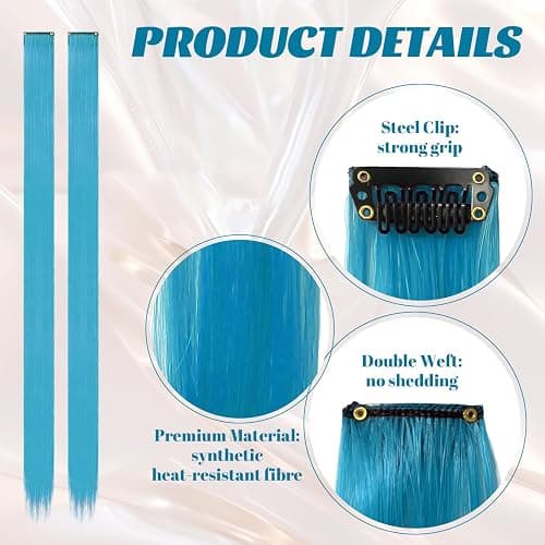 10 Pcs Blue Hair Extensions | 22 In Long Straight Fake Hair | Clip In Hair Extension | Hair Accessories for Girls (Lake Blue) thumbnail 3
