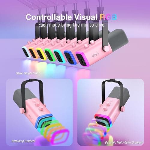 FIFINE XLR Gaming Microphone USB, PC Dynamic Microphone Kit for Vocal, Recording, Podcast, Streaming RGB Mic with Headphone Jack, Mute Button, Boom Arm Stand for Computer/Mixer-AmpliGame AM8T Pink thumbnail 5