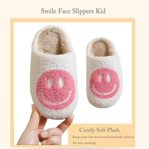 Cute Smile Face Kids' Plush Happy Face Slippers - Non-Slip, Warm, Indoor/Outdoor thumbnail 2
