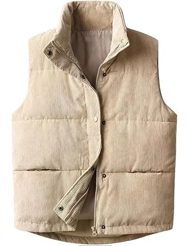 Aisongyuan Womens Corduroy Puffer Vest Stand Collar Zip Snap Button Sleeveless Warm Waistcoat Padded Gilet - Medium - Apricot - Image 1