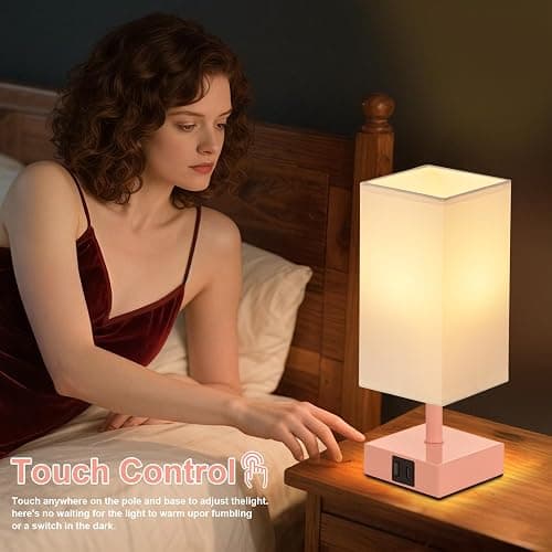 Ambimall Touch Control Table Lamp with USB A+C Charging Ports - 3 Way Touch Lamps Bedside, Nightstand Lamp for Bedrooms, LED Bulb Included(White Shade & Pink Base) thumbnail 6