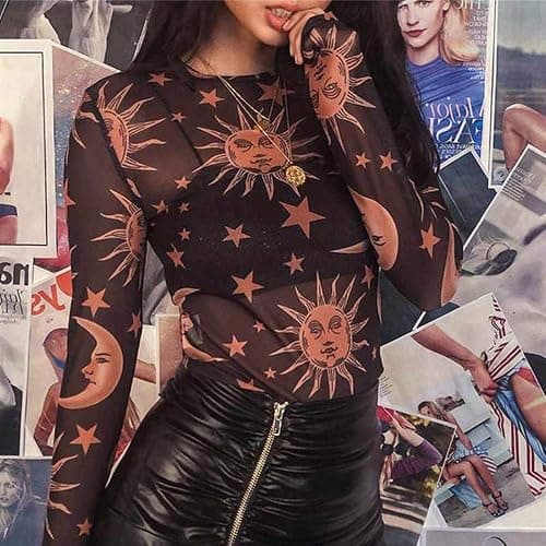 MIZOK Women's Long Sleeve See Through Shirts Angel Print Sexy Sheer Mesh Crop Tops thumbnail 2